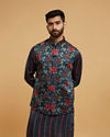 Teal Blue Silk Floral Kalamkari Block Printed Embellished Jacket Set
